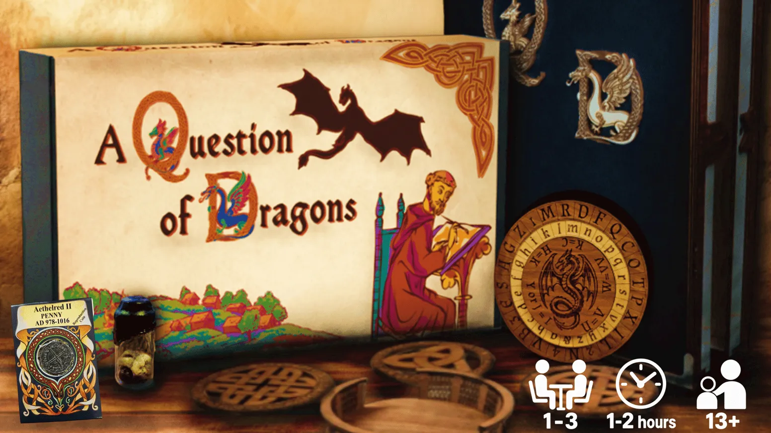 A Question of Dragons — the case-file box beside the reliquary vial, the wooden Alberti cipher wheel and a set of Celtic knot coasters