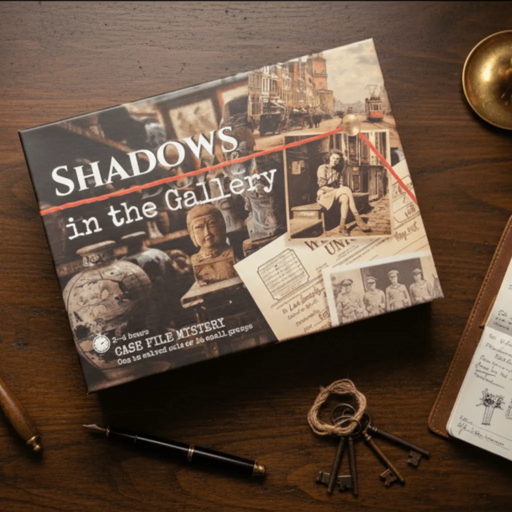 Shadows in the Gallery — the full post-war case file spread across a desk, photographs, military papers and a coded note